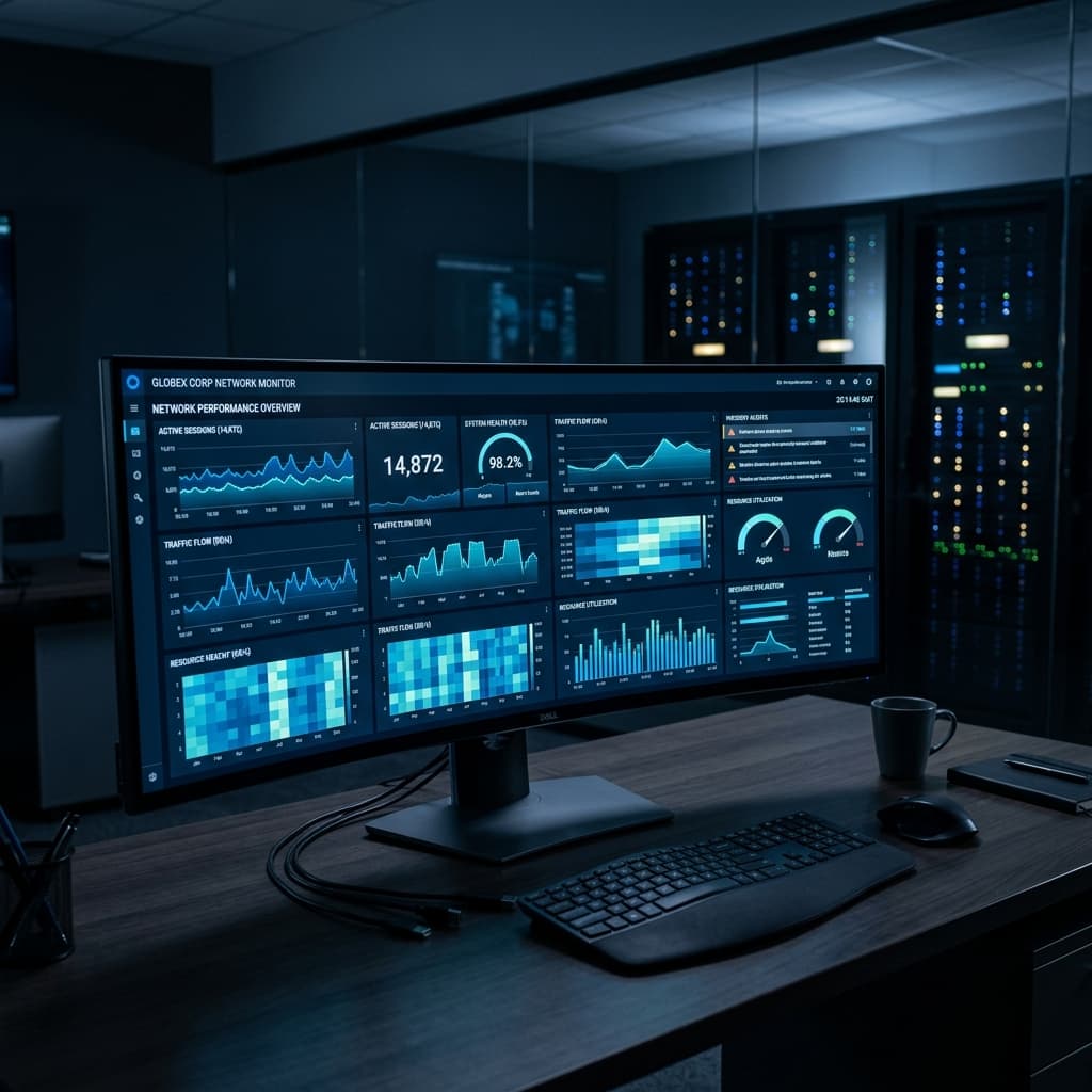 Analytics dashboard in a dark operations centre