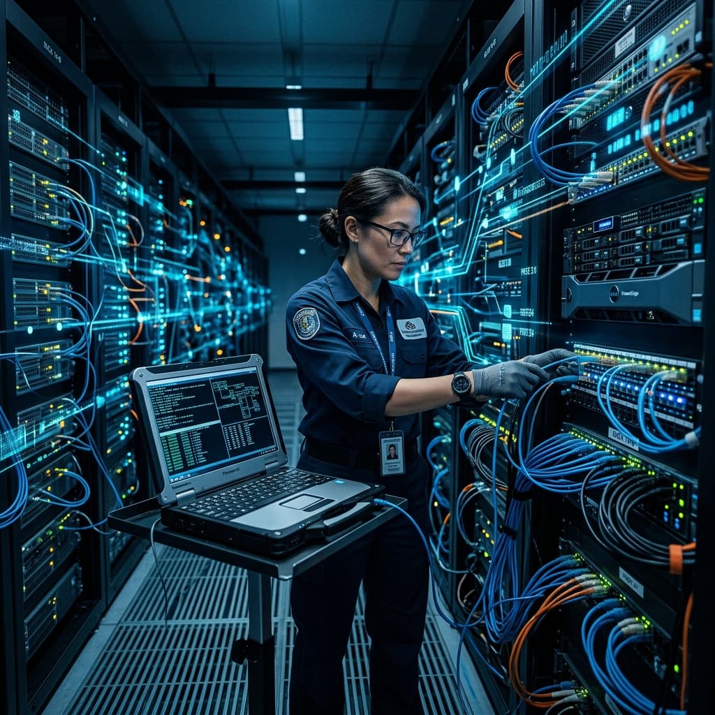 Engineer configuring server infrastructure